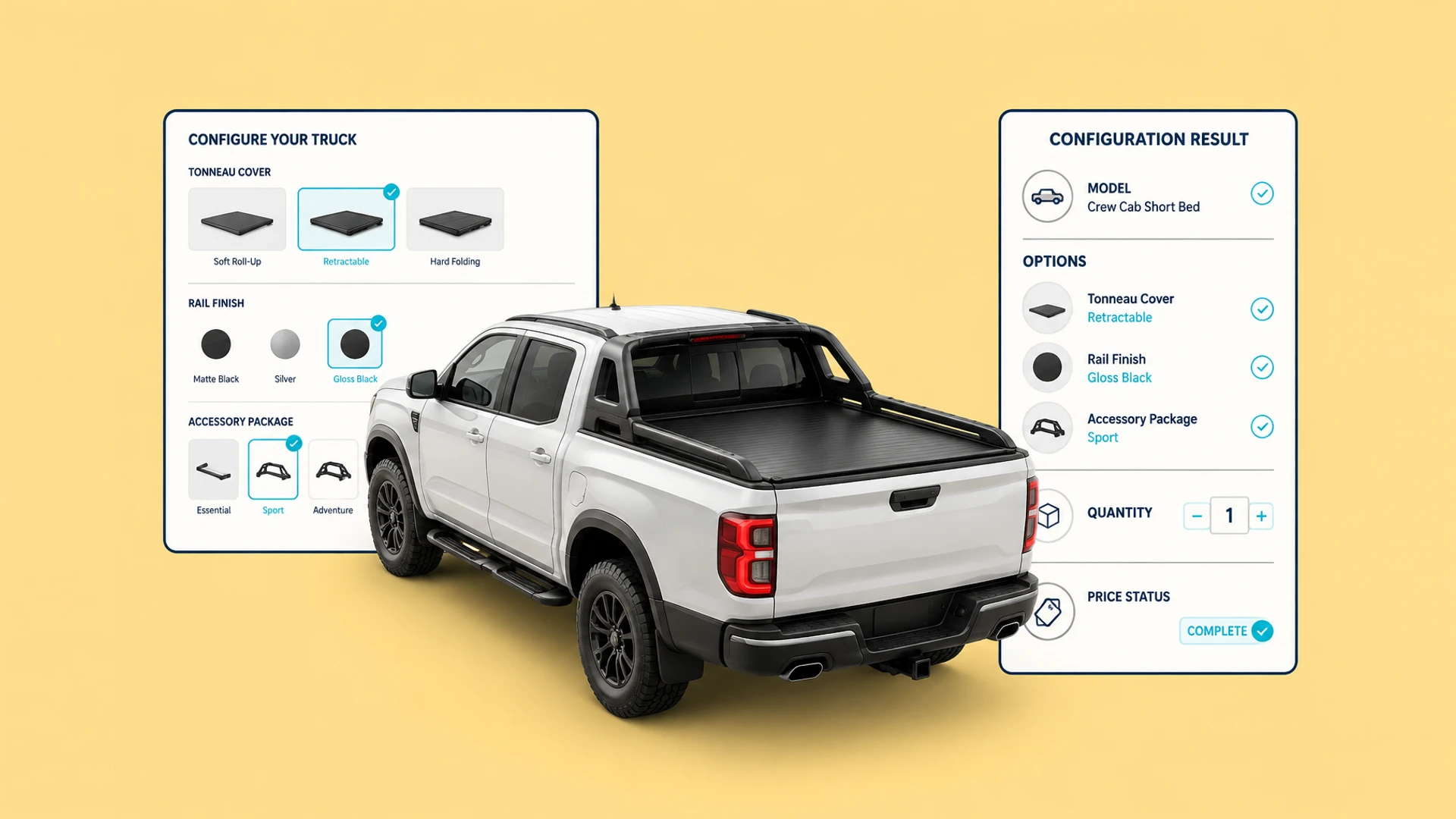 A pickup tonneau cover configuration result summarizing model, options, quantity, and price status
