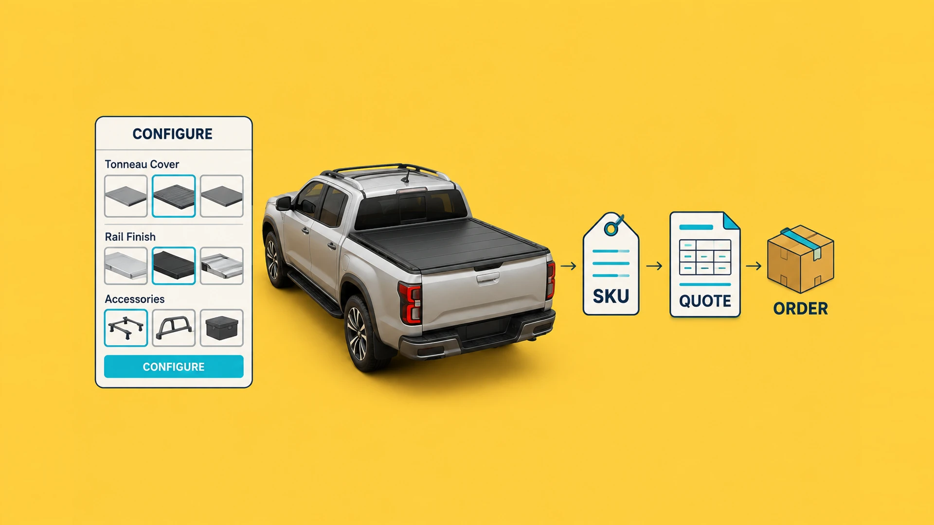 Pickup tonneau cover configuration flowing to SKU, quote, and order