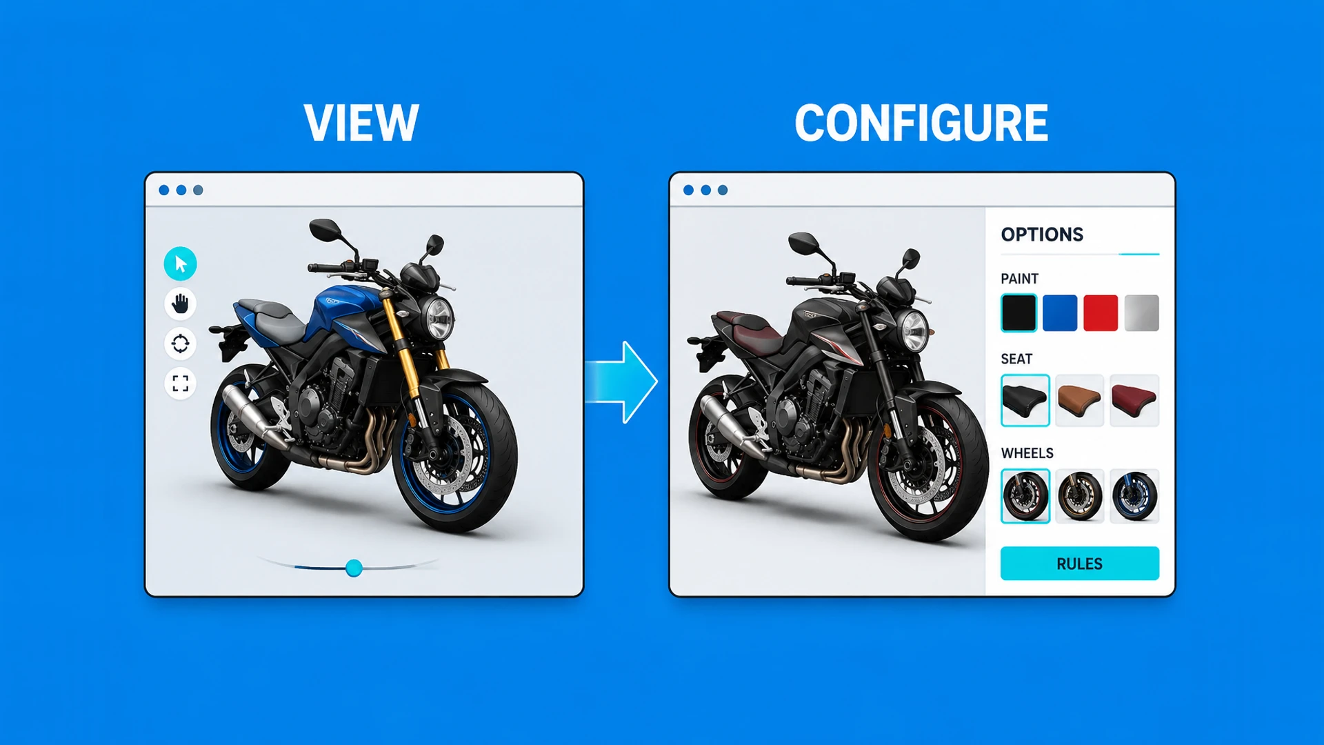 The same motorcycle compared in a 3D viewer and a 3D configurator