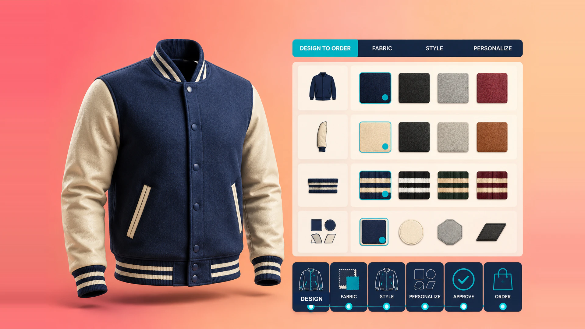 Apparel configurator for varsity jacket fabrics, styling, approval, and order readiness