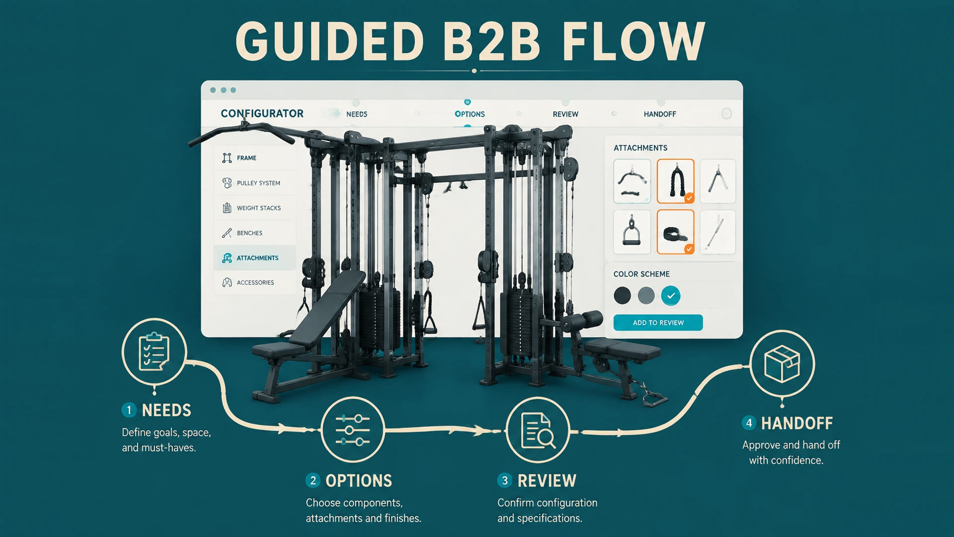 Commercial fitness equipment configuration flow designed for B2B sales