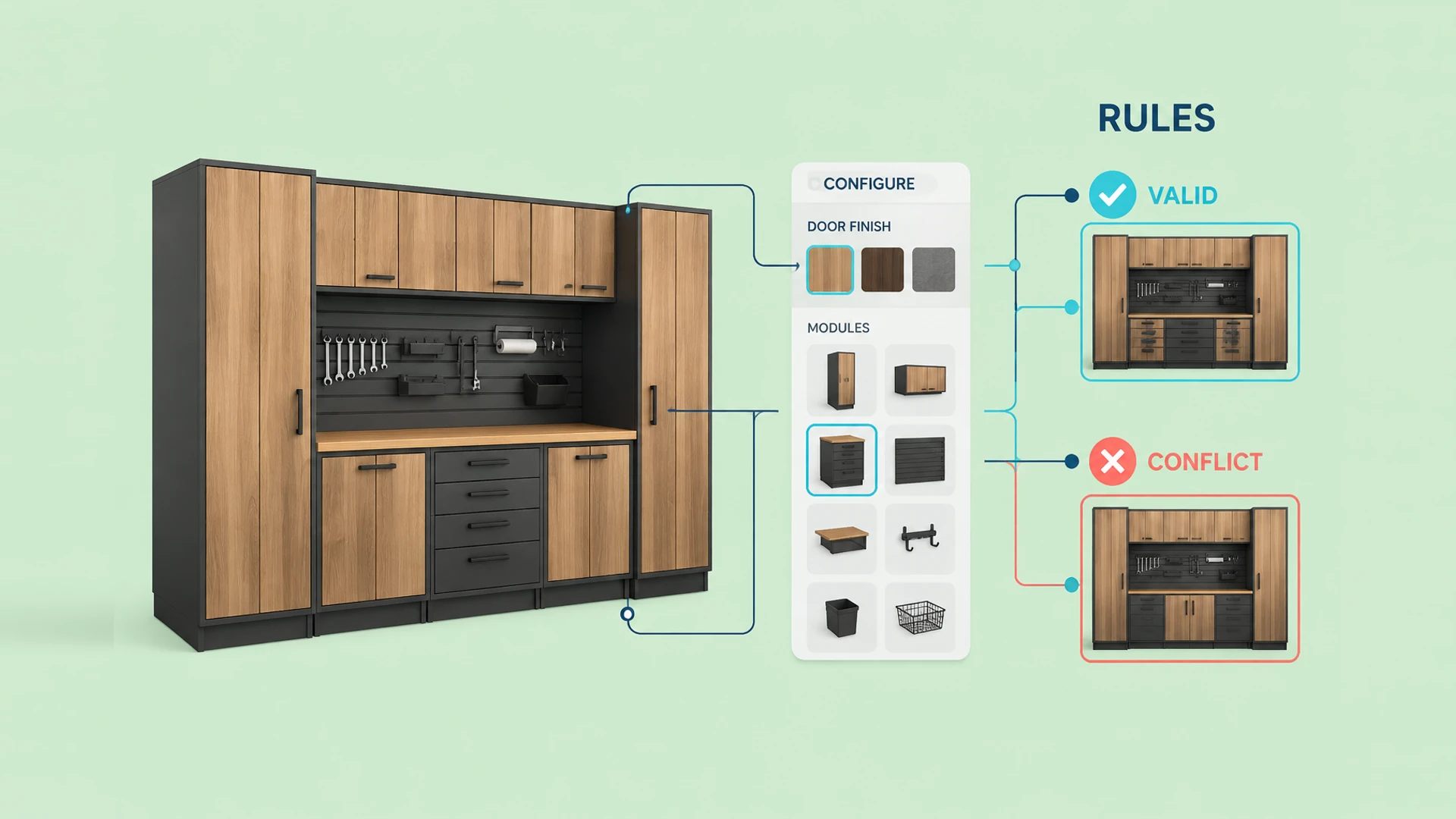 Dependency and exclusion rule map for a garage cabinet configurator